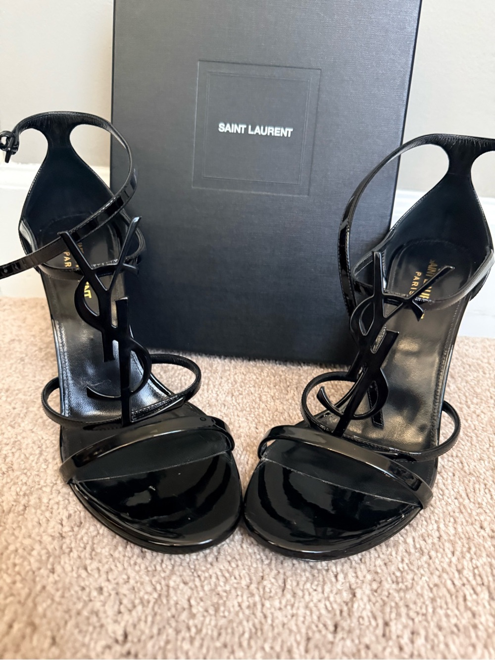 Yves Saint Laurent Black Patent Logo T-Strap Stiletto Heels
